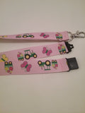 Tractor & trailer on Pink ribbon lanyard made with a safety quick release breakaway id or whistle holder with swivel lobster clasp - Tilly Bees