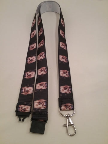 Yorkshire terrier dog, Yorkie on navy ribbon lanyard made with a safety quick release breakaway id or whistle holder with swivel lobster clasp