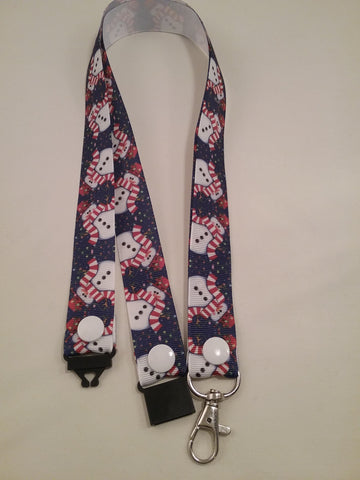 Christmas Jolly Snowmen ribbon lanyard made with a safety quick release breakaway id or whistle holder with swivel lobster clasp