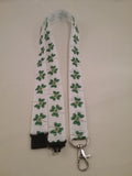 Clover on white ribbon lanyard made with a safety quick release breakaway id or whistle holder with swivel lobster clasp - Tilly Bees