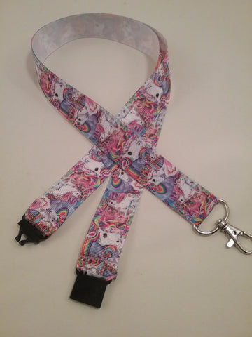 Dancing unicorns ribbon lanyard made with a safety quick release breakaway id or whistle holder with swivel lobster clasp