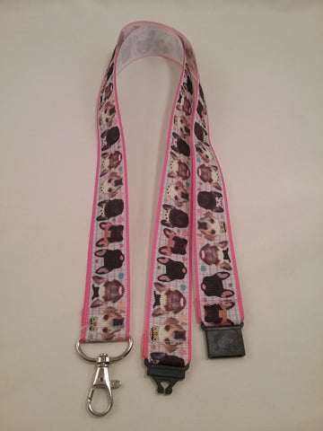 Partying French Bulldog patterned ribbon Lanyard it has a safety breakaway fastener with swivel lobster clasp lanyard id or whistle holder