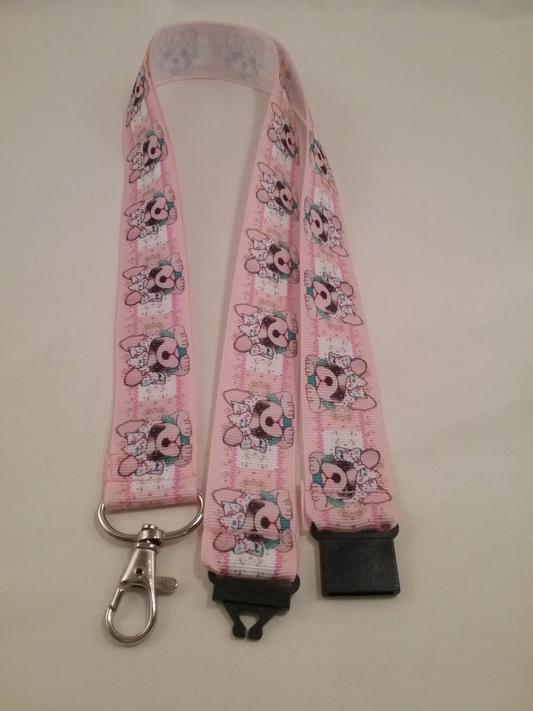 Pink French Bulldog heads patterned ribbon Lanyard it has a safety breakaway fastener with swivel lobster clasp lanyard id or whistle holder - Tilly Bees