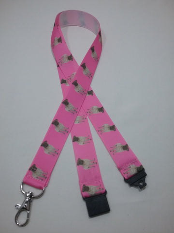 Cute Pug dogs puppies patterned pink coloured ribbon Lanyard it has a safety breakaway fastener with swivel lobster clasp lanyard id or whistle holder