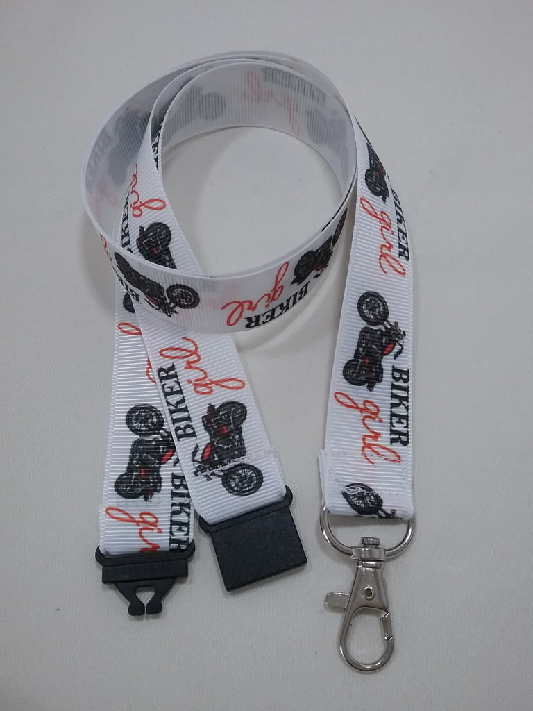 Motorbike biker girl ribbon Lanyard it has a safety breakaway fastener with swivel lobster clasp lanyard id or whistle holder - Tilly Bees