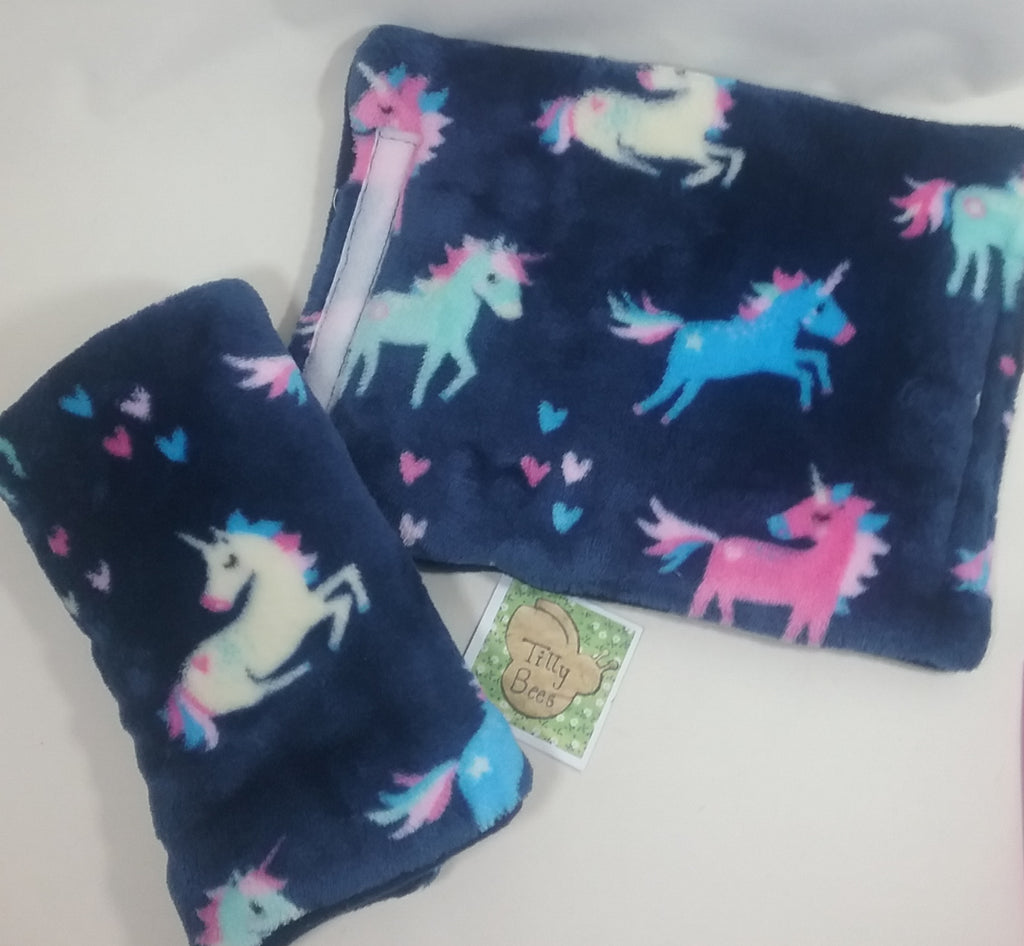 Seat belt cover luggage strap handle wrap navy blue unicorn fleece fabric navy fleece on other side - Tilly Bees