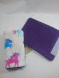 Seat belt cover luggage strap handle wrap creamy white unicorn fleece fabric purple fleece on other side - Tilly Bees