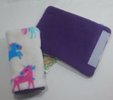Seat belt cover luggage strap handle wrap creamy white unicorn fleece fabric purple fleece on other side - Tilly Bees