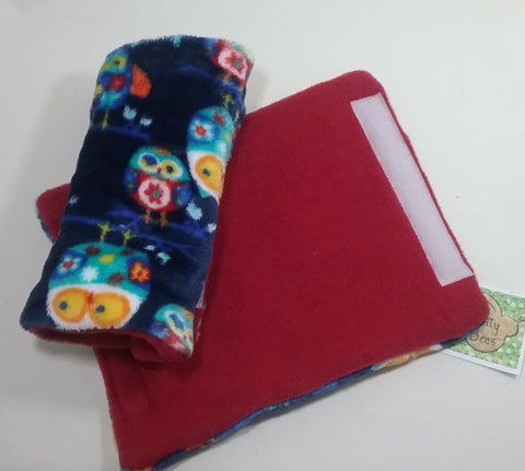Seat belt cover luggage strap handle wrap owl patterned fleece fabric redfleece