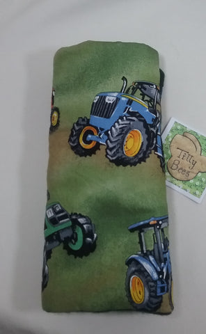 Seat belt cover luggage strap handle wrap red green blue tractors on green cotton fabric green fleece