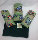 Seat belt cover luggage strap handle wrap red green blue tractors on green cotton fabric green fleece - Tilly Bees