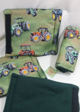 Seat belt cover luggage strap handle wrap red green blue tractors on green cotton fabric green fleece - Tilly Bees