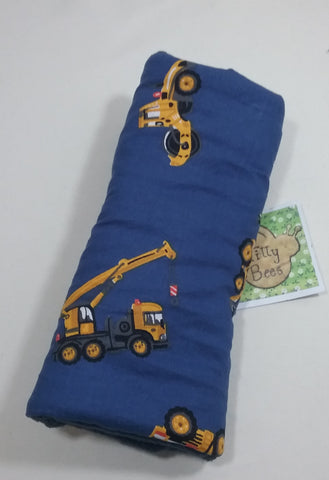 Seat belt cover luggage strap handle wrap diggers construction tractors on navy cotton fabric navy fleece