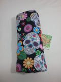 Seat belt cover luggage strap handle wrap Coloured skulls cotton fabric black fleece - Tilly Bees