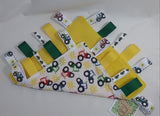 Handmade Childs taggie comfort snuggle blanket tractor themed fabric and yellow fleece plus lots of coloured grosgrain inc tractor ribbons - Tilly Bees