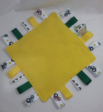 Handmade Childs taggie comfort snuggle blanket tractor themed fabric and yellow fleece plus lots of coloured grosgrain inc tractor ribbons - Tilly Bees