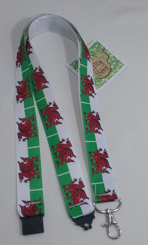 Welsh flag patterned ribbon Lanyard with safety breakaway fastener with swivel lobster clasp lanyard ID holder whistle holder