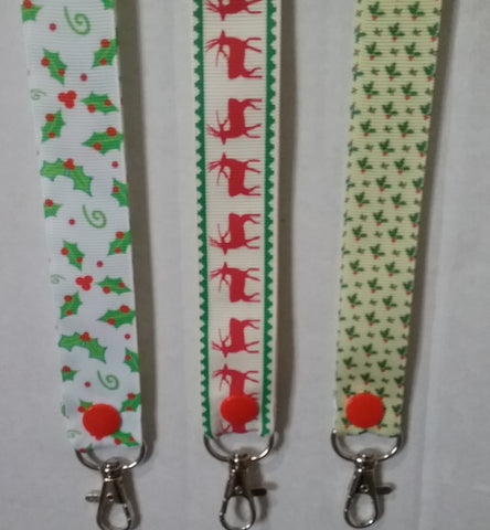 CHRISTMAS LANYARDS Holly or Reindeers ribbon safety breakaway lanyard id holder / whistle holder
