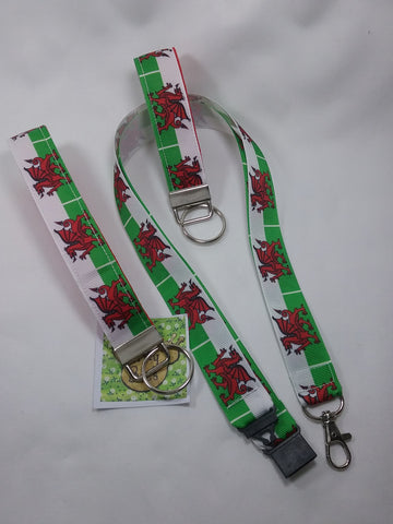 Wales Welsh flag pattern lanyard + key fob + Wristlet set. Safety breakaway id or whistle holder neck strap teacher gift
