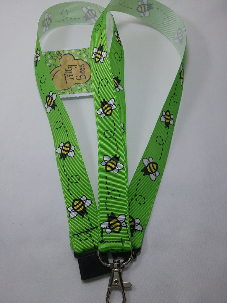 Bright Green Honey bee or Bumble Bee ribbon Lanyard it has a safety breakaway fastener with swivel lobster clasp lanyard id or whistle holder - Tilly Bees