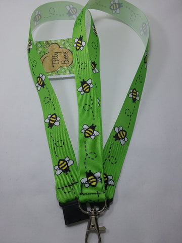 Bright Green Honey bee or Bumble Bee ribbon Lanyard it has a safety breakaway fastener with swivel lobster clasp lanyard id or whistle holder