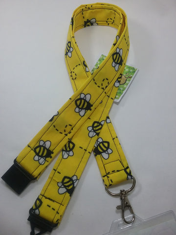 Bright yellow bee fabric lanyard with safety breakaway landyard id or whistle holder neck strap teacher gift